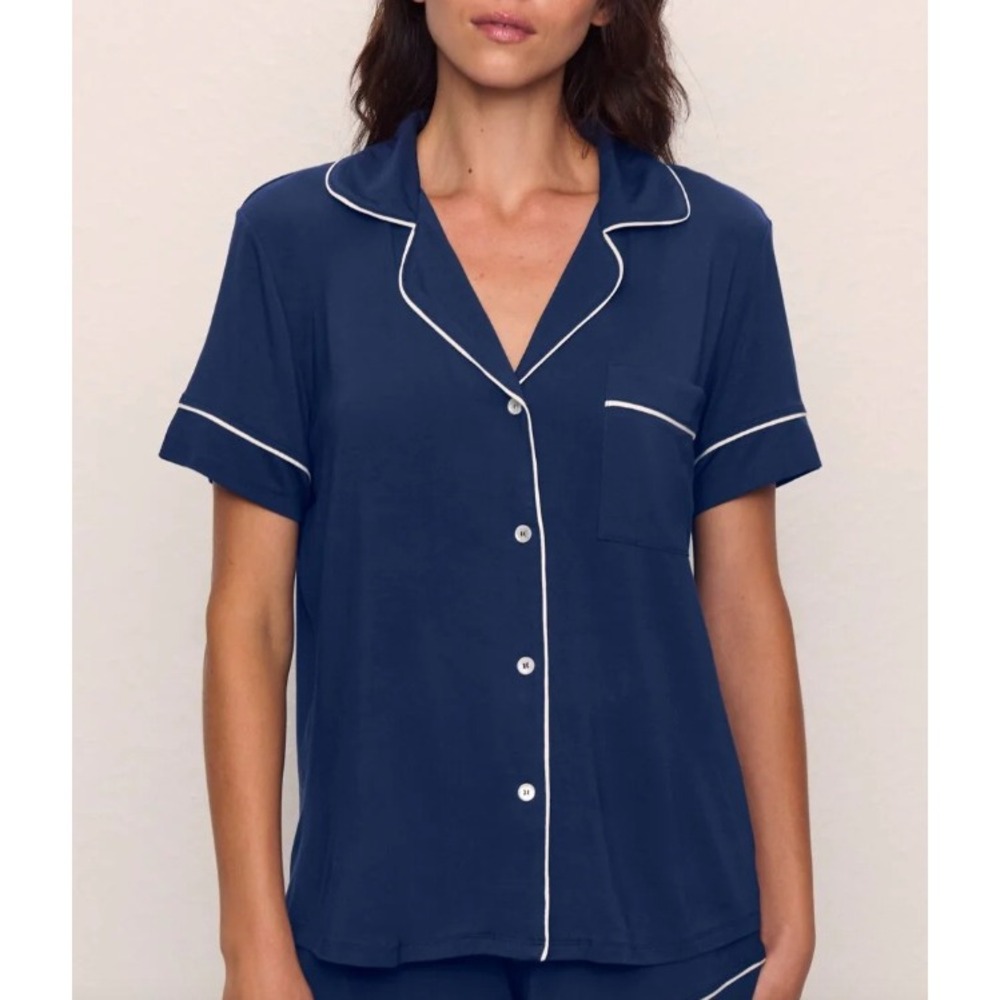 Eberjey Navy Blue Pajama Top Short Sleeve Button Front Piping L G